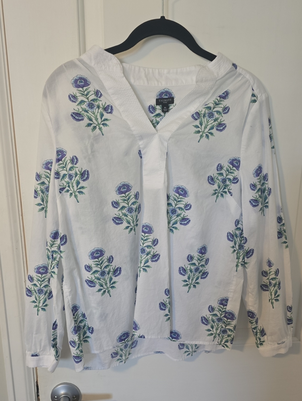 Talbots White Button-Front Shirt with Blue Floral Print